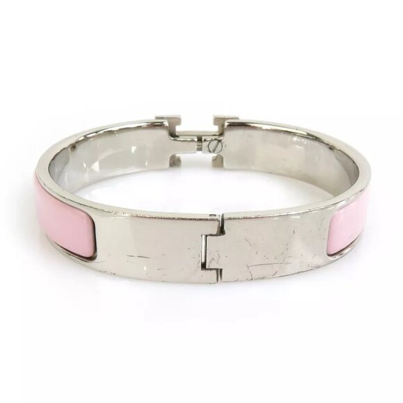 Auth HERMES Clic Clac H Bangle Bracelet Silver/Light Pink Metal/Enamel - Picture 7 of 10